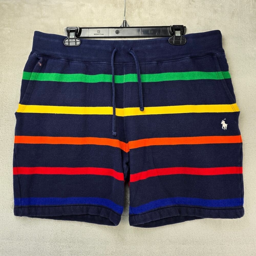 Polo Ralph Lauren Fleece Shorts Mens Large Navy Blue 7" Striped FLAWS